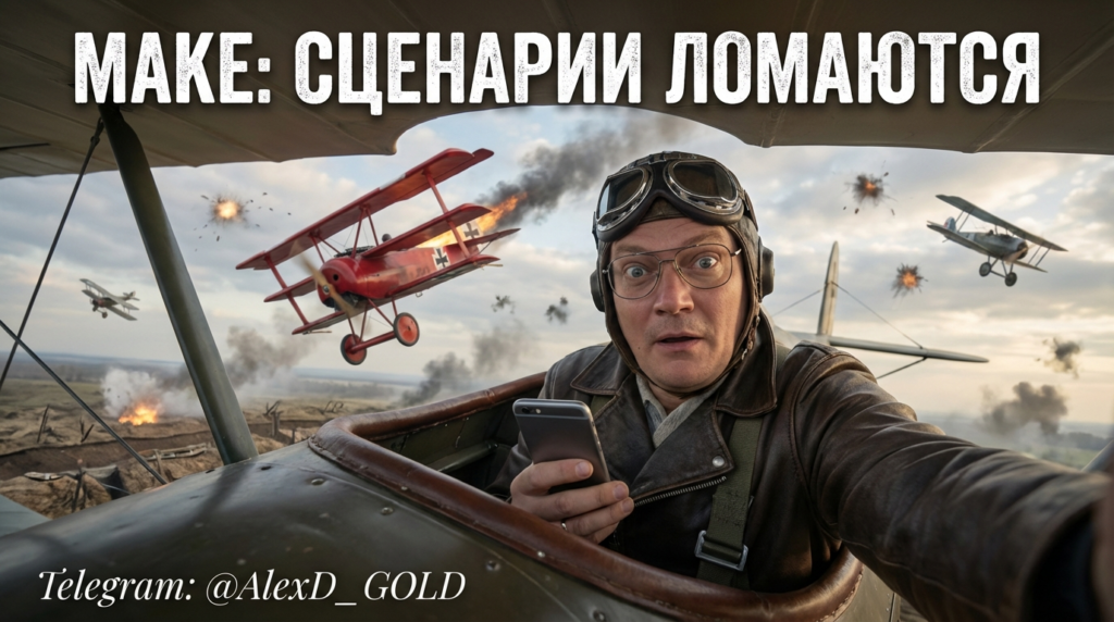 Скриншот интерфейса Make.com со сценарием автоматизации и пояснением, почему ломаются сценарии и как экономить AI-лимиты.