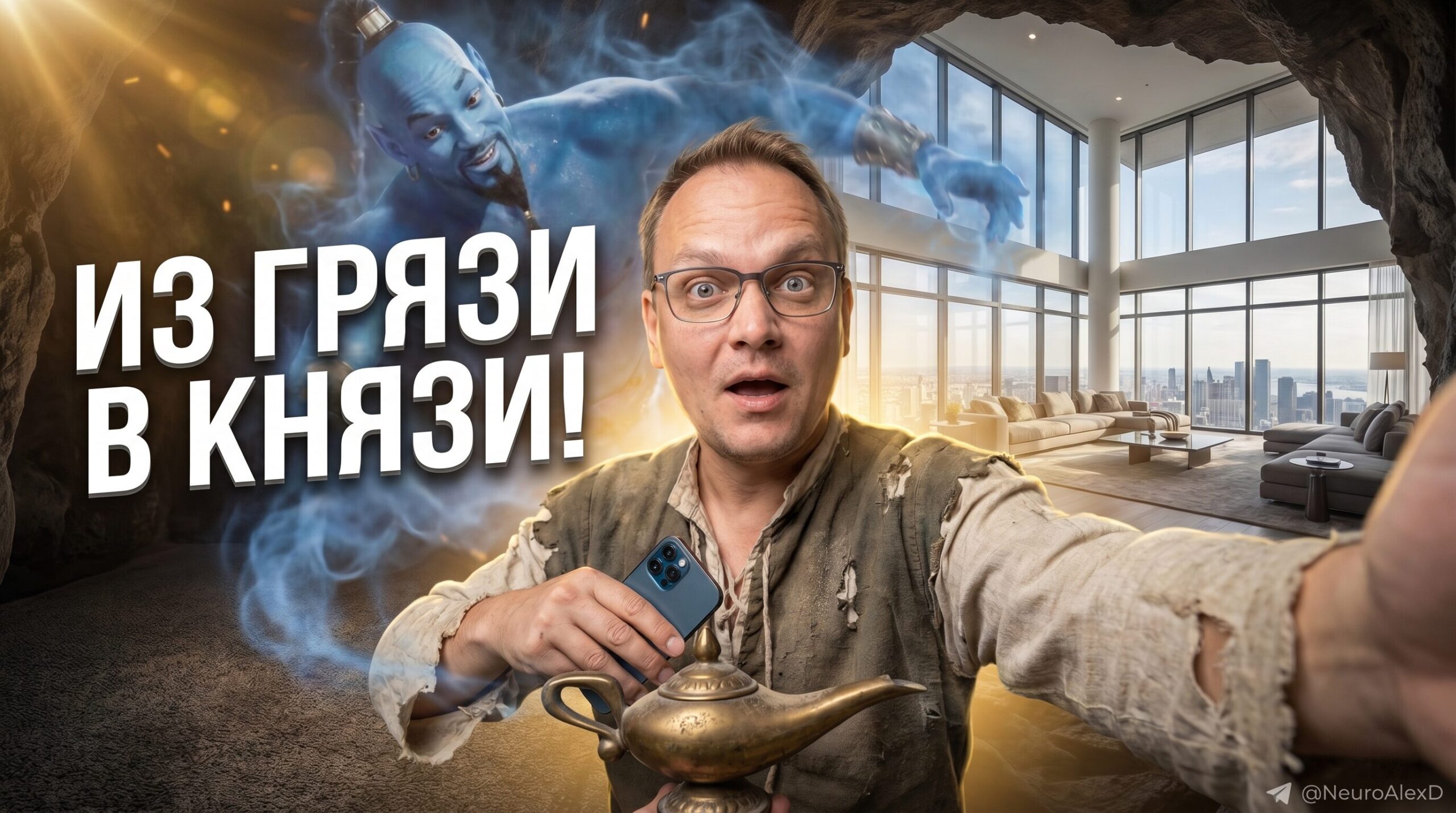 Пример быстрой замены фона на фотографии: вместо старого ковра добавлен роскошный пентхаус