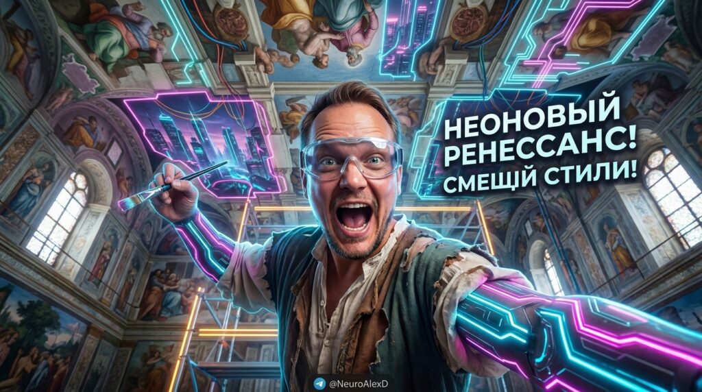 Цифровой арт объединяющий элементы футуристичного киберпанка и классического ренессанса