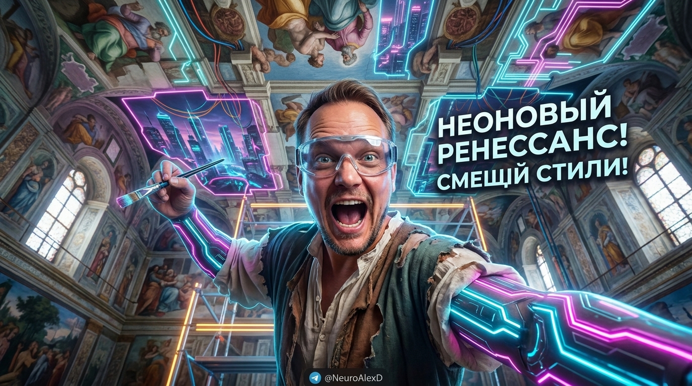 Цифровой арт объединяющий элементы футуристичного киберпанка и классического ренессанса