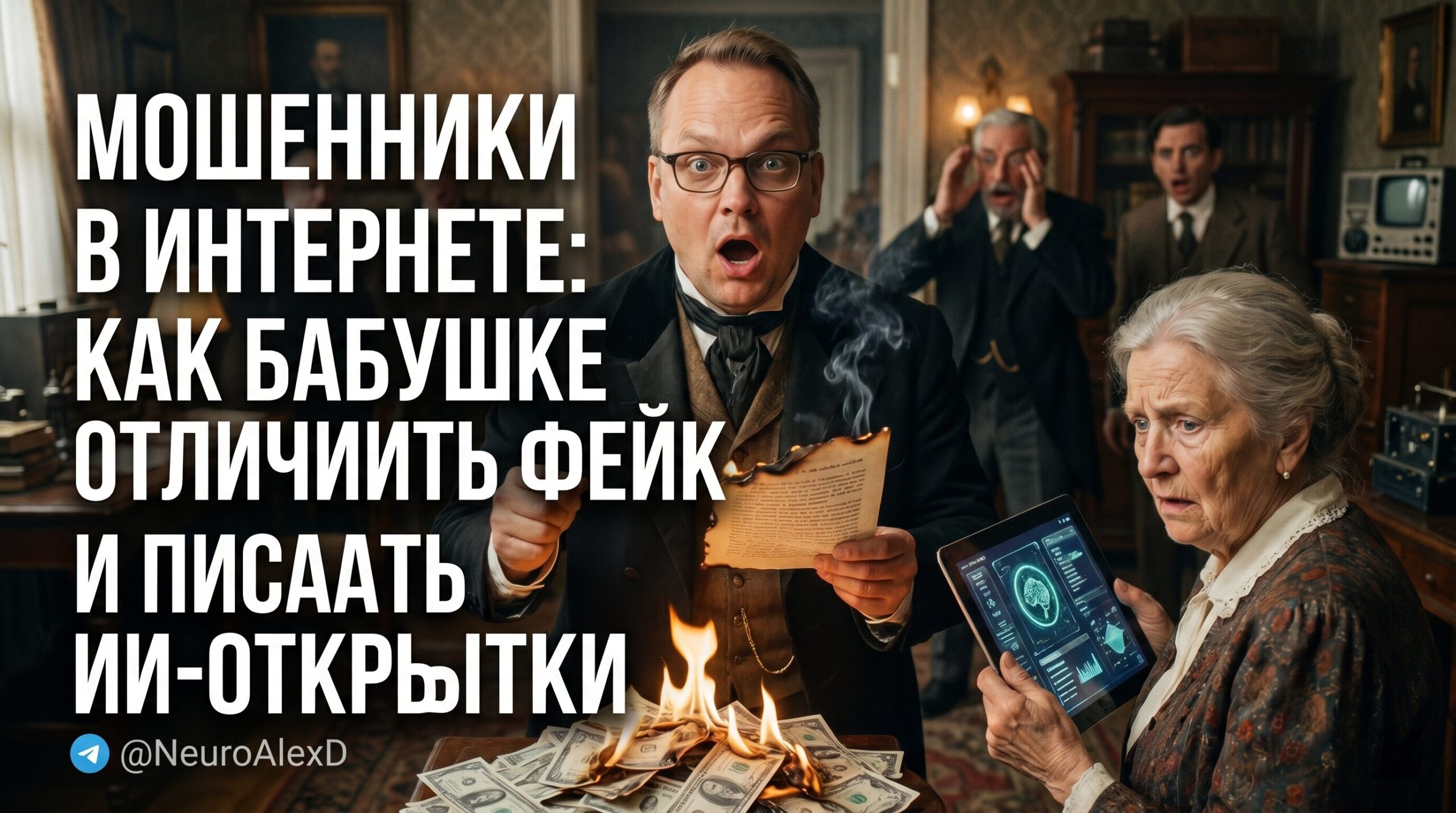 Пожилая женщина за ноутбуком учится распознавать интернет-мошенников и создавать открытки с помощью ИИ