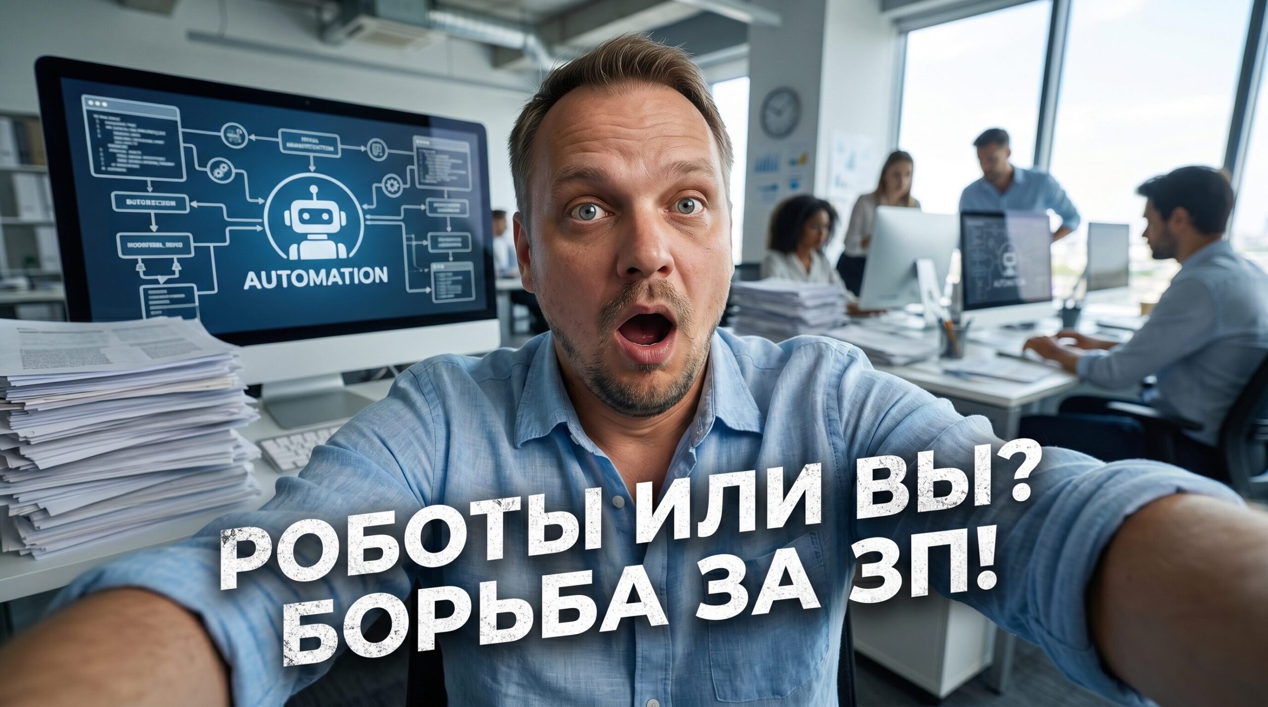 Иллюстрация RPA-роботов и реальной зарплаты операционистов в России