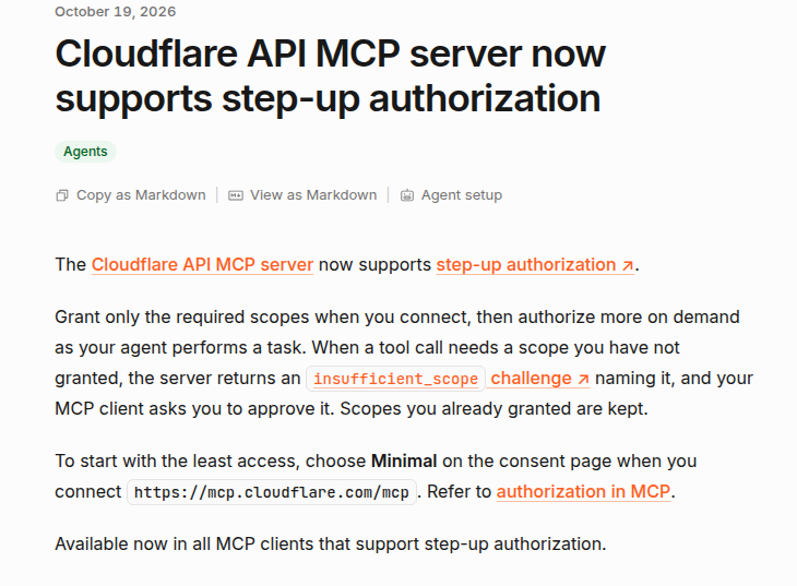 cloudflare-mcp-step-up-prava-official-01 Cloudflare MCP: агент запросит права ПО ХОДУ задачи — но в веб-интерфейсе вызов молча сломается