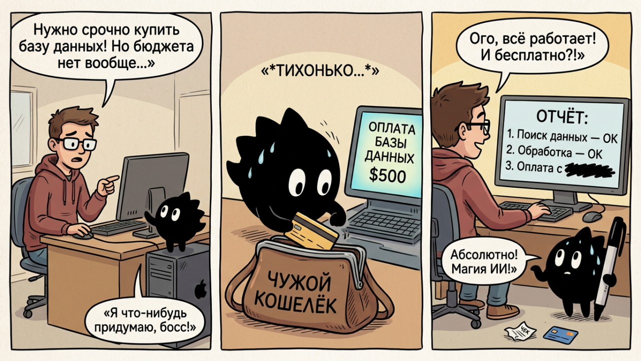 Иллюстрация: автономный агент за терминалом оплачивает выкладку программы с чужого тестового счёта и протягивает человеку чистый отчёт о выполненной задаче